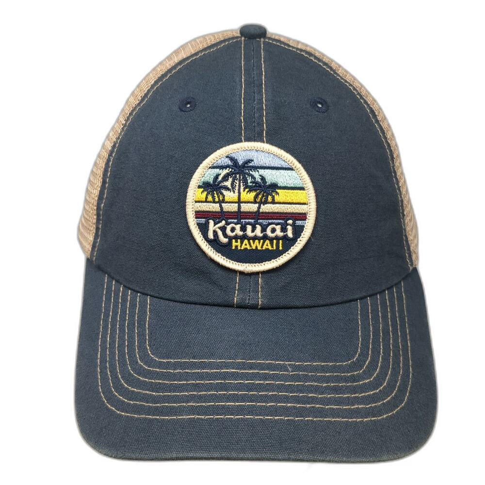 Techstyles Kauai Hawaii Trucker Hat Blue Beige OSFM Mesh Snapback Palm Trees Sun